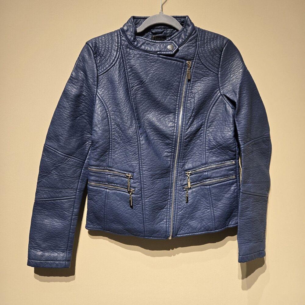 Love Token Faux Vegan Leather Blue Soft Studded Moto Style Jacket Size L New
